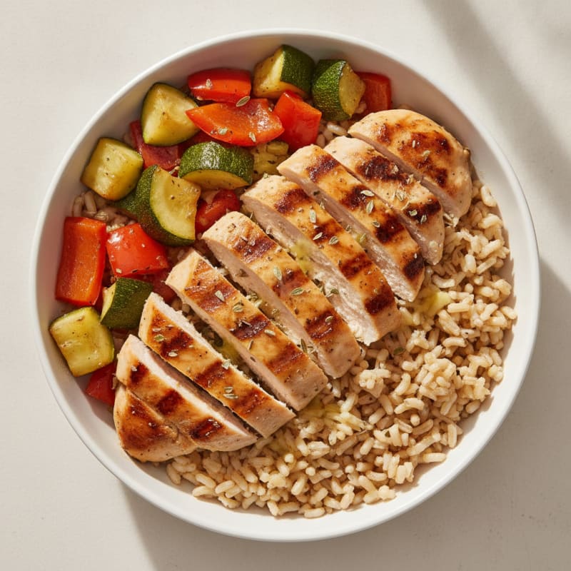 Grilled Chicken and Brown Rice Bowl with Roasted Vegetables