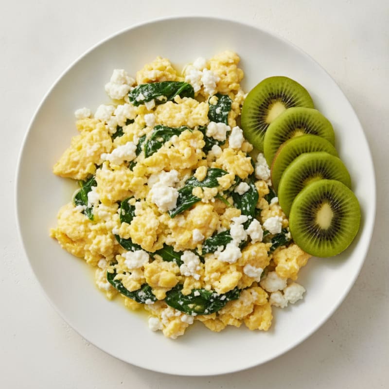 Cottage Cheese and Egg Scramble with Spinach and Kiwis