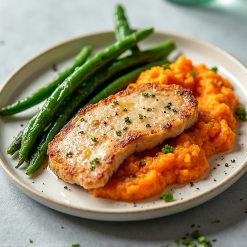 Seared Turkey Cutlet with Steamed Green Beans and Sweet Potato Mash