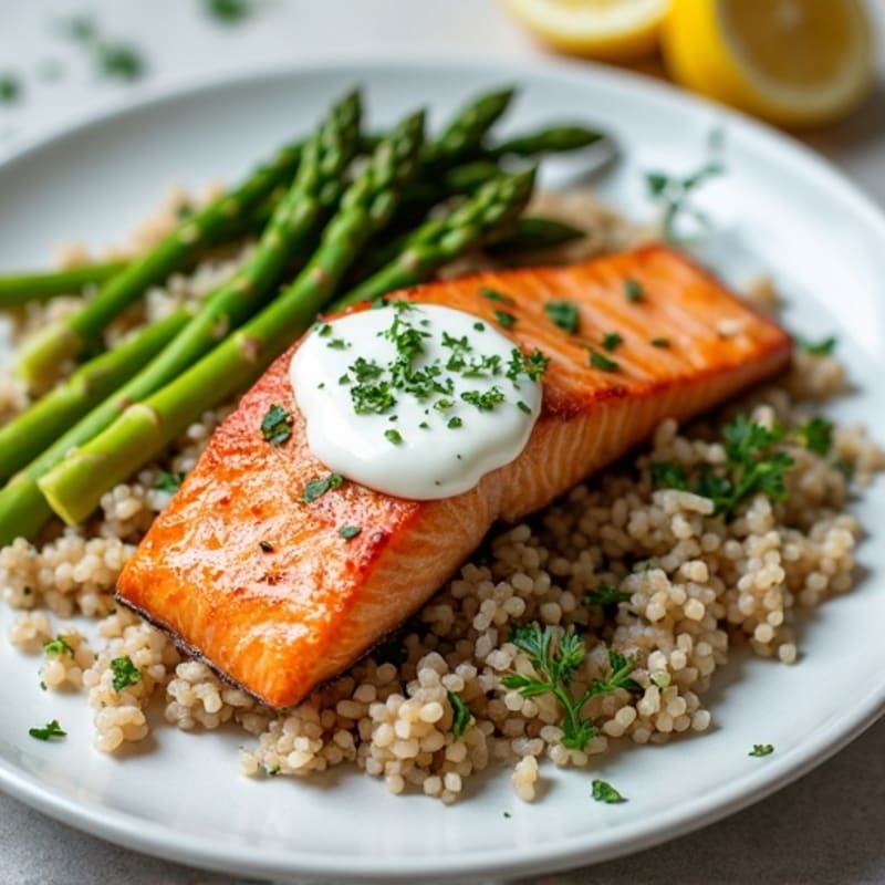 Seared Salmon Fillet with Steamed Asparagus and Herbed Brown Rice