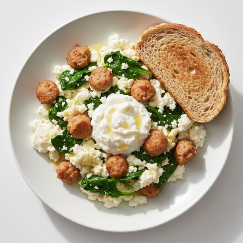 Egg White Spinach Scramble with Cottage Cheese and Turkey Sausage