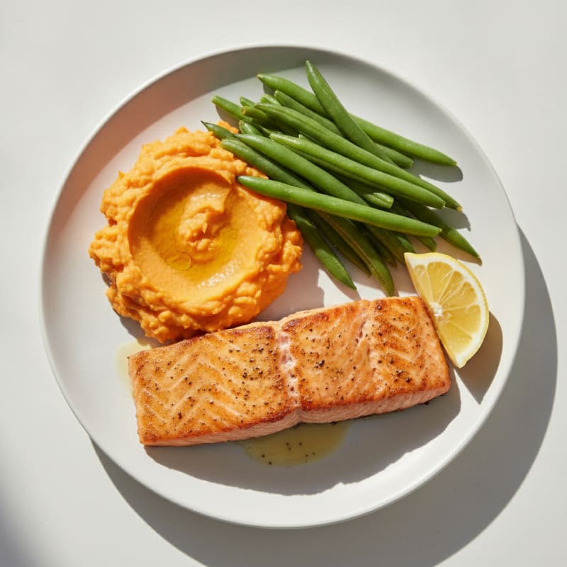 Seared Salmon with Steamed Green Beans and Mashed Sweet Potato