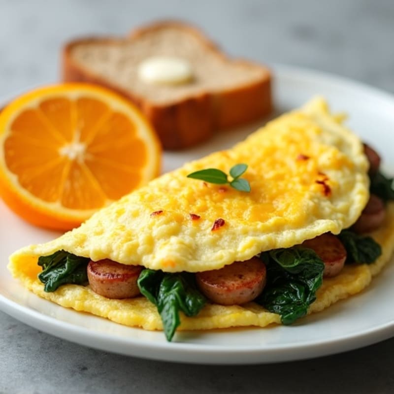 Egg White Omelet with Turkey Sausage and Sautéed Spinach