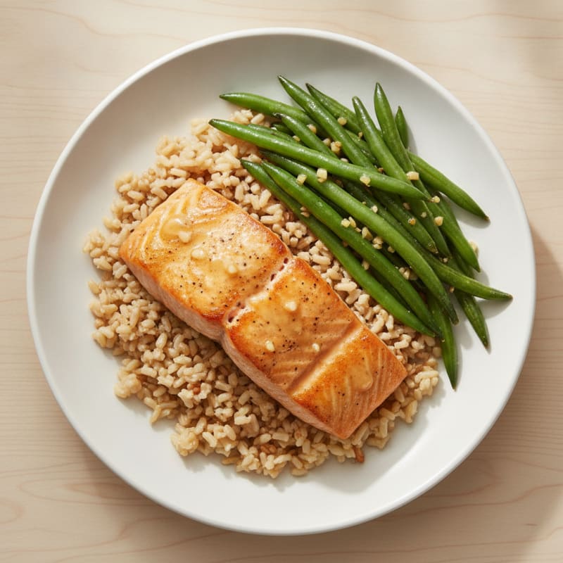 Seared Salmon Fillet with Garlic Green Beans and Brown Rice
