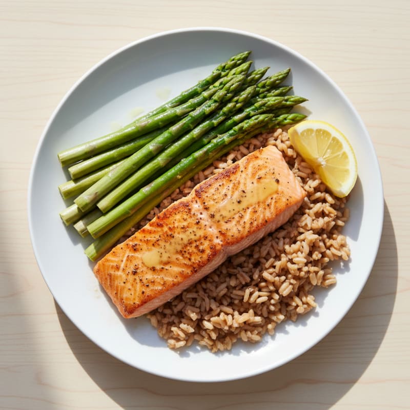 Pan-Seared Salmon with Steamed Asparagus and Brown Rice