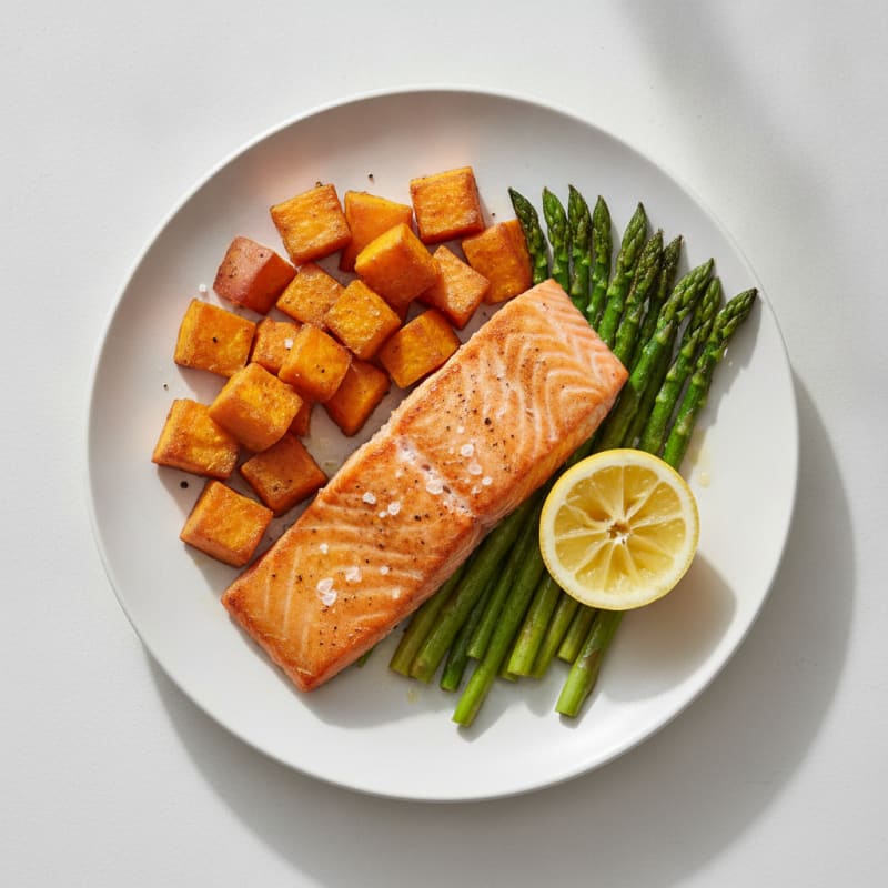 Seared Salmon Fillet with Roasted Sweet Potatoes and Asparagus