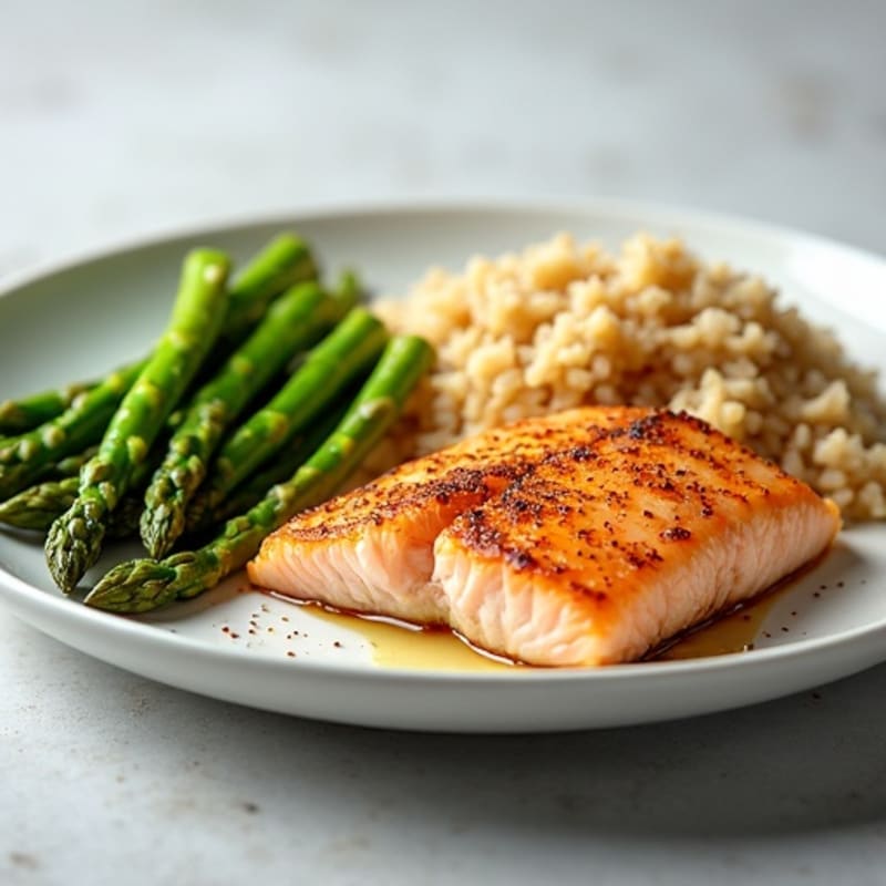 Seared Salmon Fillet with Steamed Asparagus and Brown Rice