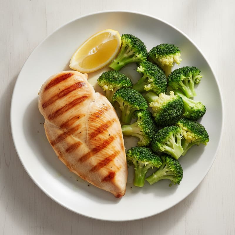 Grilled Chicken Breast with Steamed Broccoli and Lemon
