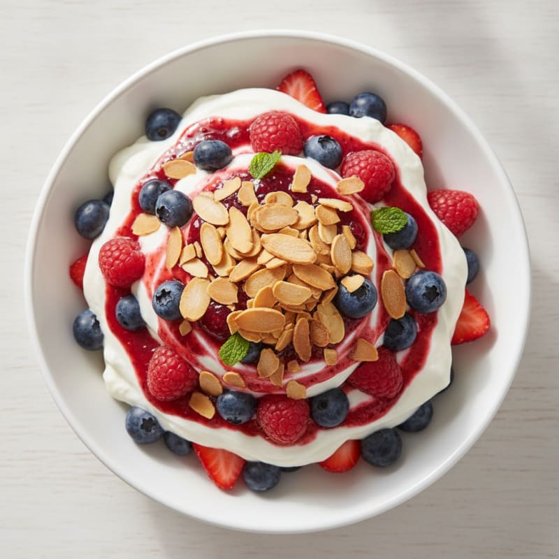 Vanilla Greek Yogurt Protein Parfait with Mixed Berries and Almonds
