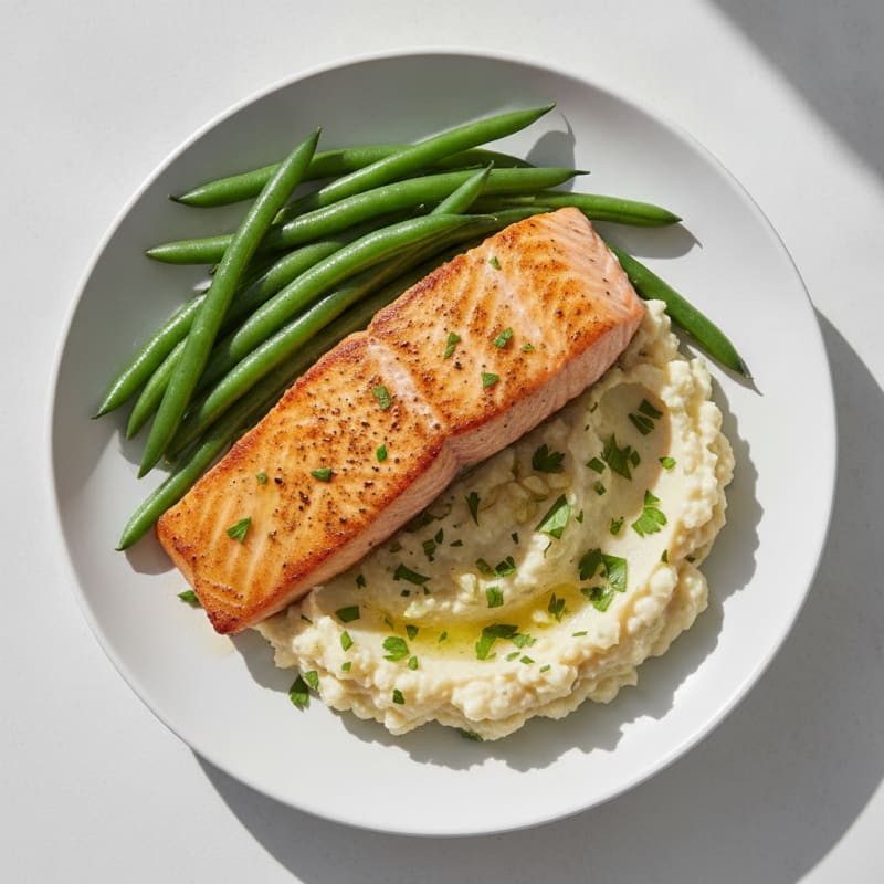 Seared Salmon with Steamed Green Beans and Herb Cauliflower Mash