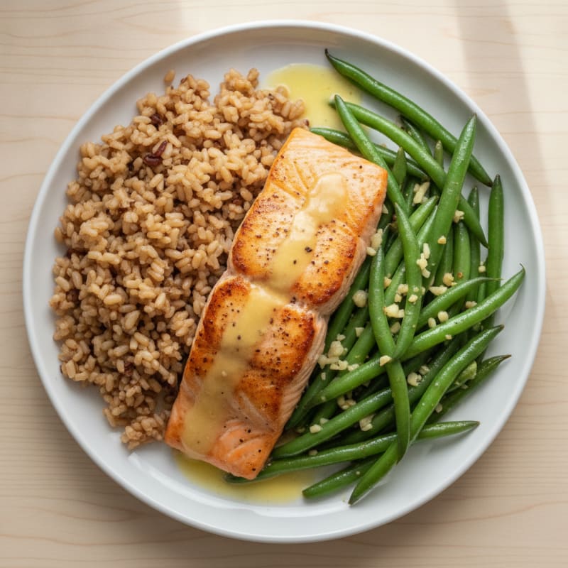 Seared Salmon with Garlic Green Beans and Brown Rice