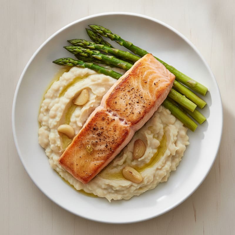 Seared Salmon Fillet with Silky White Bean Mash and Steamed Asparagus