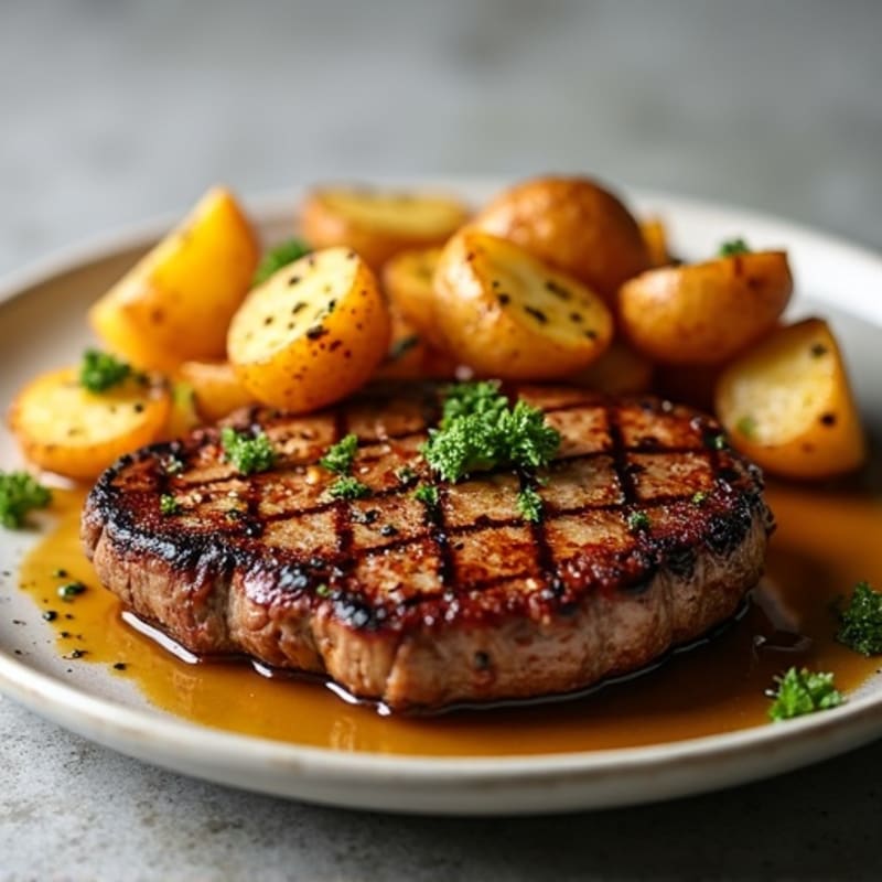 Pan-Seared Steak with Crispy Garlic Roasted Potatoes