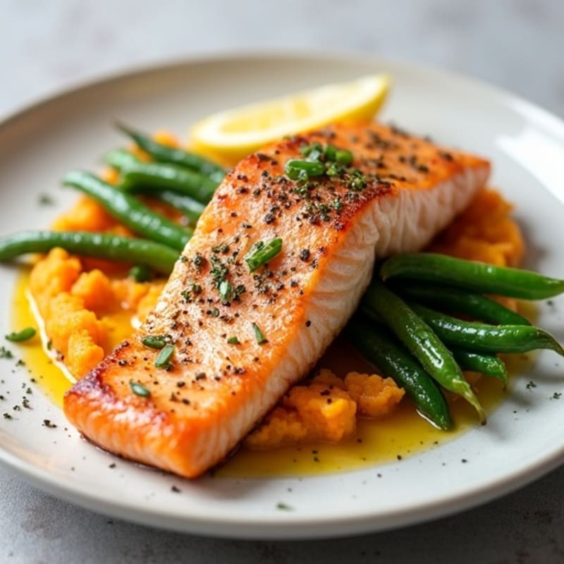 Seared Salmon with Garlic Green Beans and Sweet Potato Mash