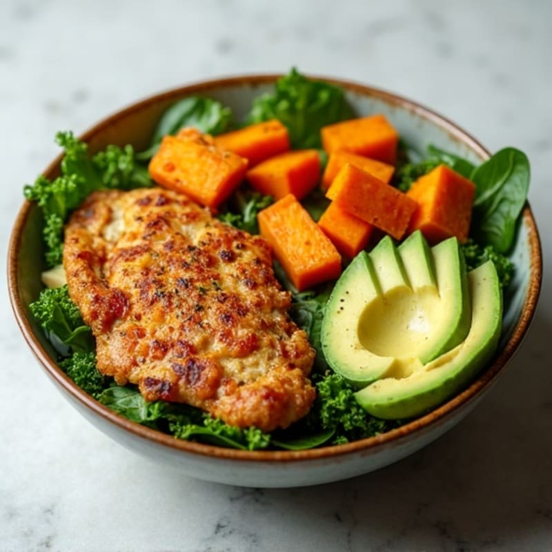 Crispy Lemon Herb Chicken Power Bowl with Roasted Sweet Potatoes and Creamy Avocado Dressing