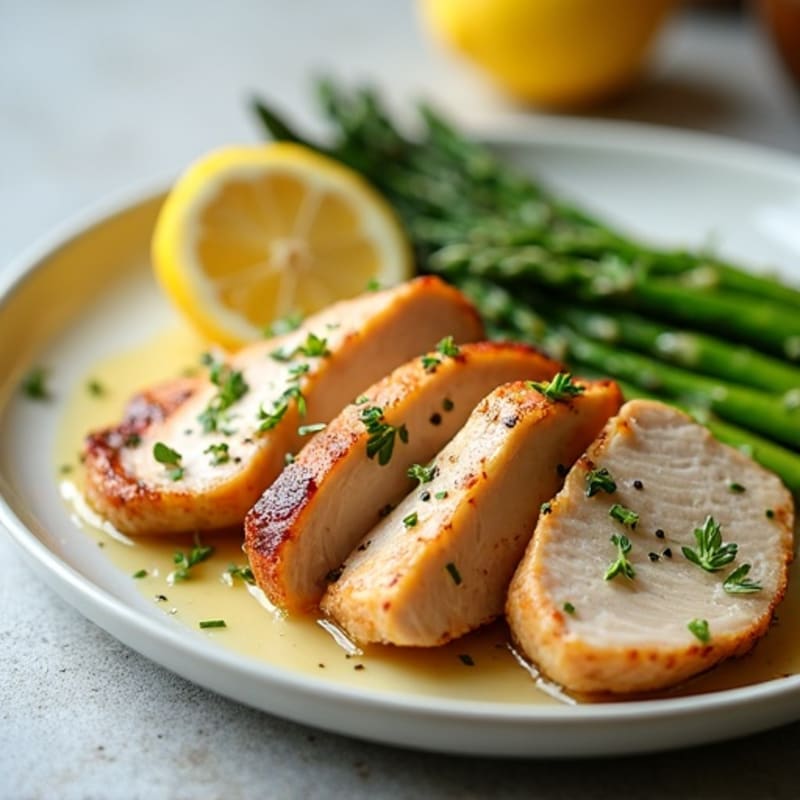 Seared Turkey Medallions with Steamed Asparagus and Lemon