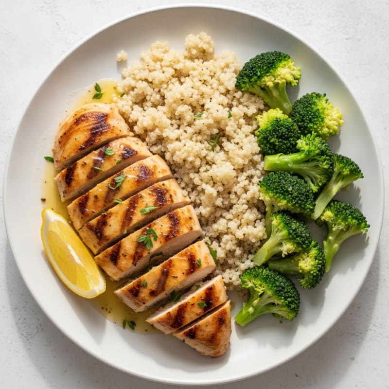 Grilled Chicken Breast with Steamed Broccoli and Quinoa