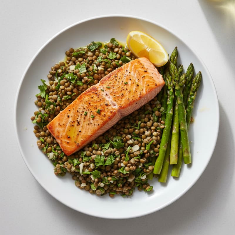Seared Salmon Fillet with Lentil Salad and Roasted Asparagus