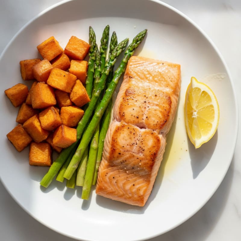 Seared Salmon with Roasted Sweet Potatoes and Asparagus