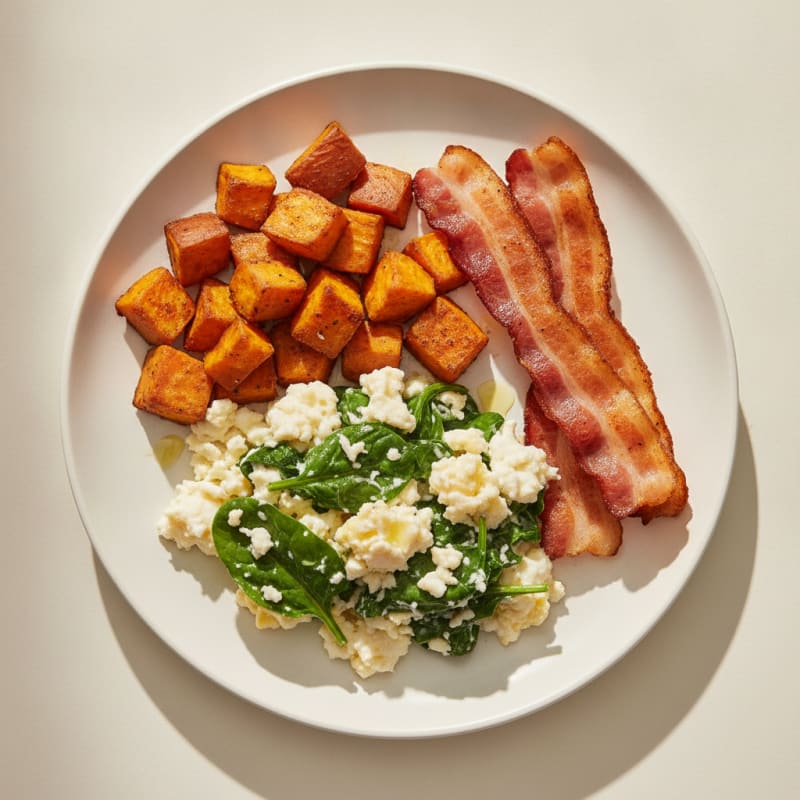 Crispy Turkey Bacon and Egg White Scramble with Spinach
