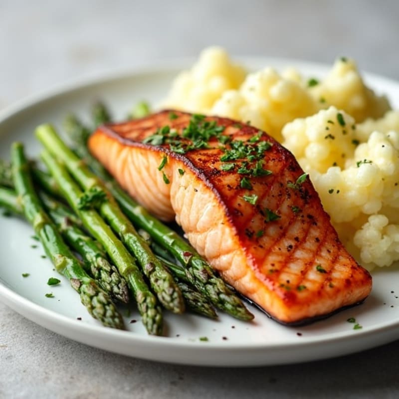Seared Salmon with Steamed Asparagus and Garlic Mashed Cauliflower