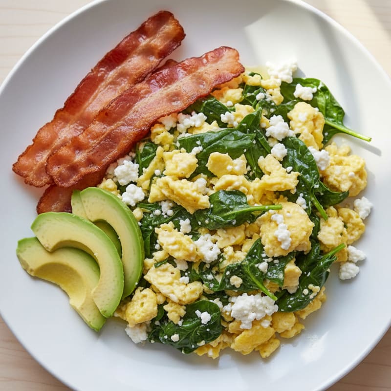 Cottage Cheese Egg Scramble with Spinach and Turkey Bacon