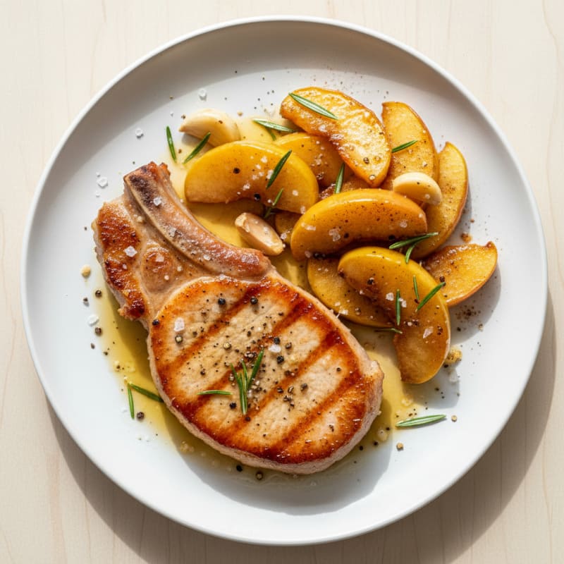 Golden Pan-Seared Pork Chop with Roasted Apples