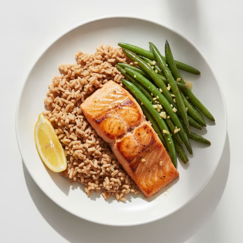 Seared Salmon Fillet with Garlic Green Beans and Brown Rice