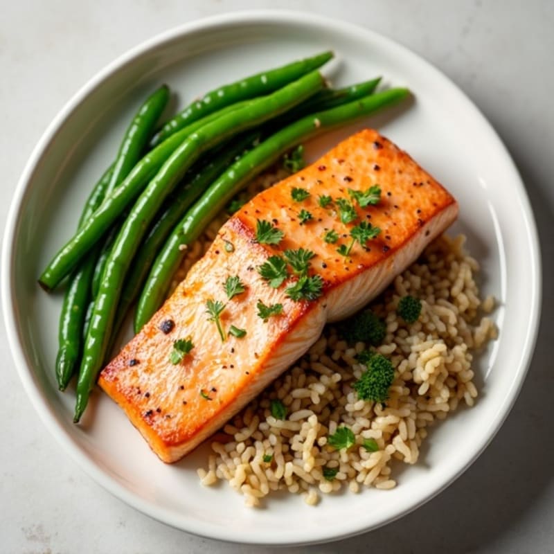 Seared Salmon with Steamed Green Beans and Herbed Brown Rice