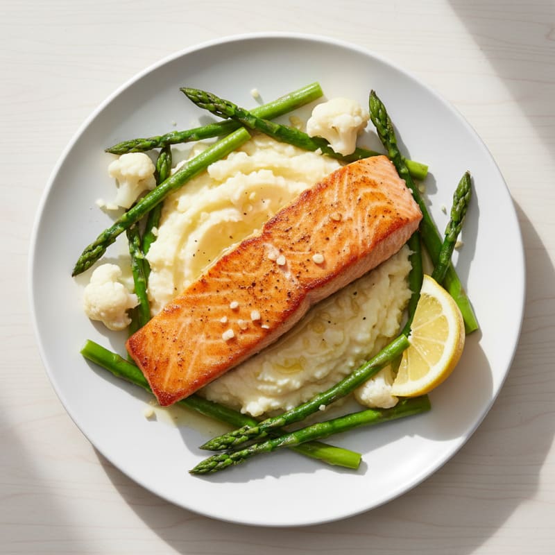Seared Salmon with Steamed Asparagus and Cauliflower Mash