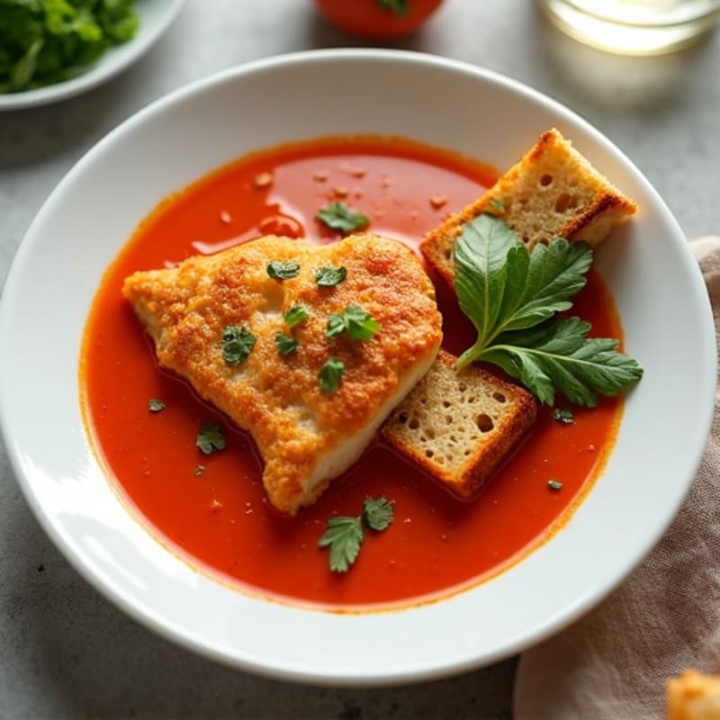 Tomato Soup with Crispy Chicken and Herb Croutons