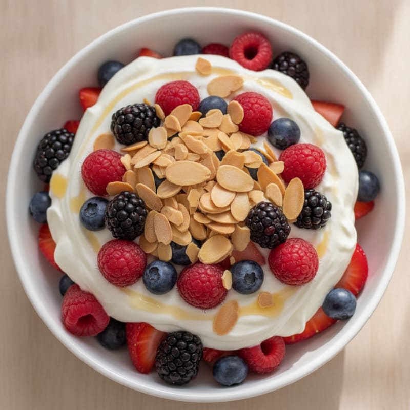 Greek Yogurt Protein Parfait with Mixed Berries and Almonds