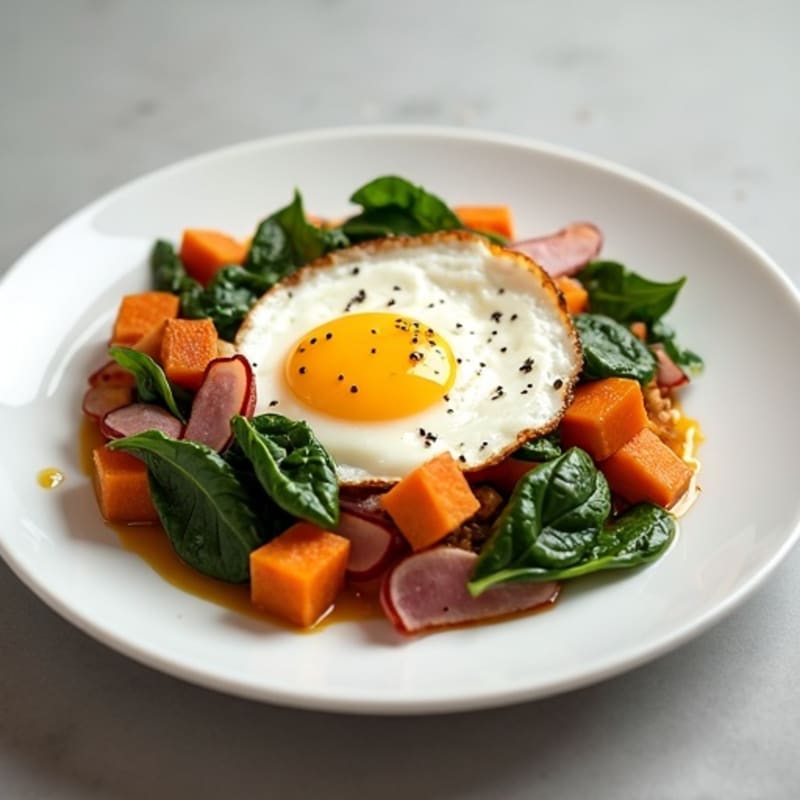 Egg and Sweet Potato Hash with Spinach and Ham