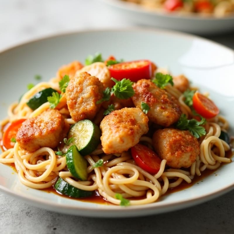 Crispy Chicken and Fresh Vegetable Noodle Stir-Fry