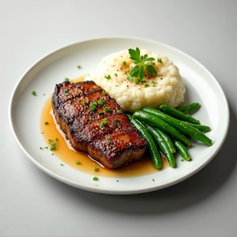 Seared Lean Beef with Steamed Green Beans and Cauliflower Mash