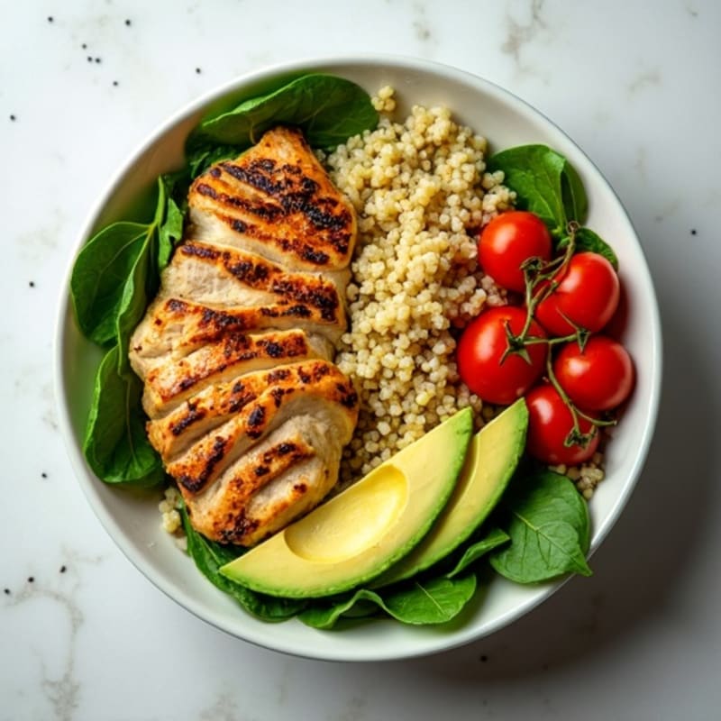 Grilled Chicken and Quinoa Power Bowl with Avocado and Spinach