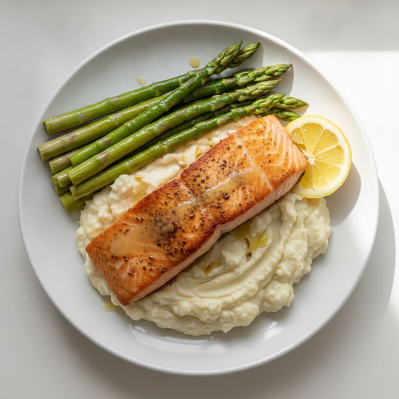 Seared Salmon with Steamed Asparagus and Garlic Mashed Cauliflower