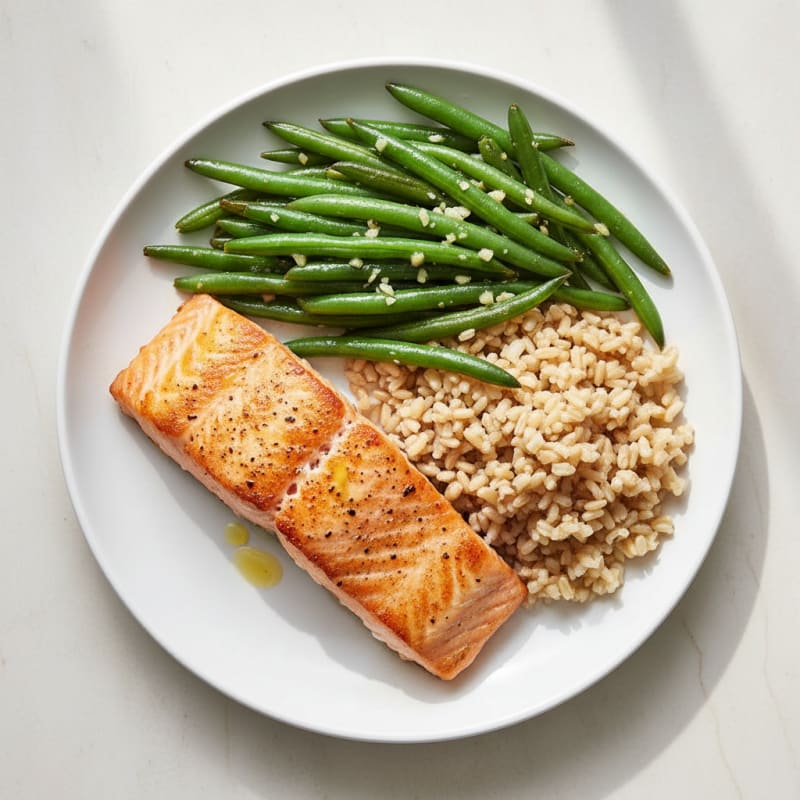 Seared Salmon with Garlic Green Beans and Brown Rice
