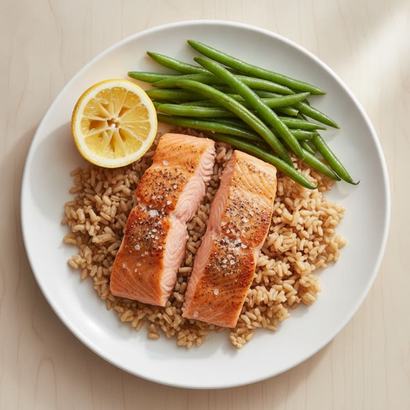 Seared Salmon Filet with Steamed Green Beans and Brown Rice