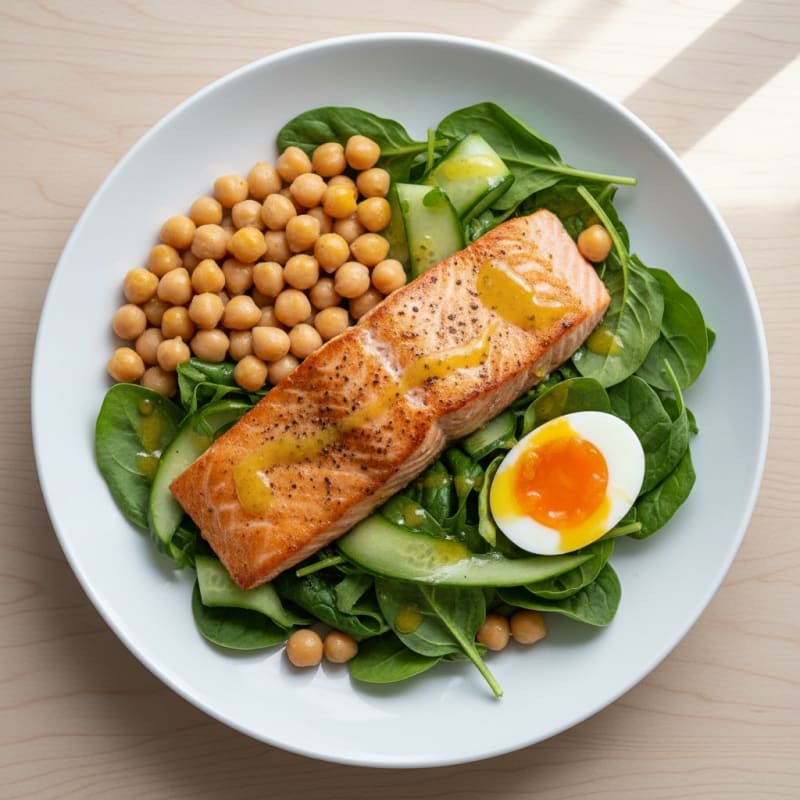 Grilled Salmon Salad with Chickpeas and Leafy Greens