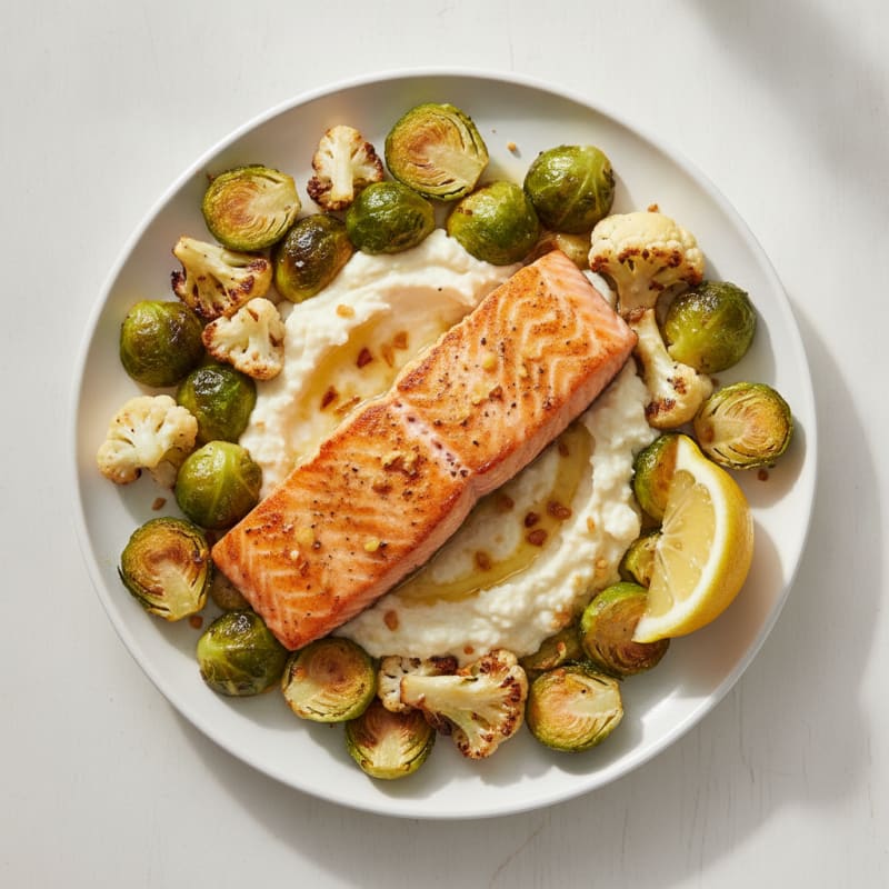 Seared Salmon with Roasted Brussels Sprouts and Cauliflower Mash