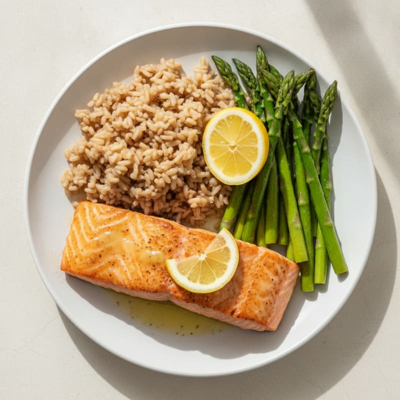 Seared Salmon with Steamed Asparagus and Brown Rice