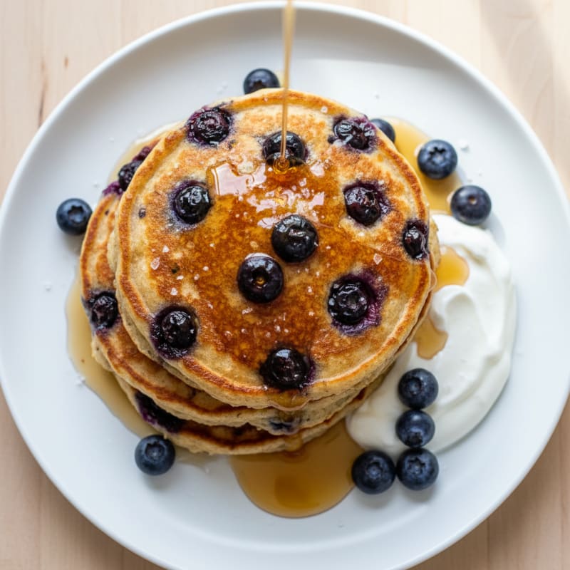 Blueberry Ricotta Pancakes with Maple Syrup