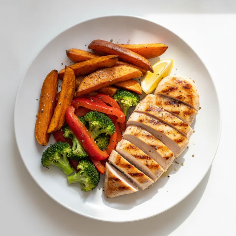 Grilled Chicken with Roasted Sweet Potatoes and Vegetables