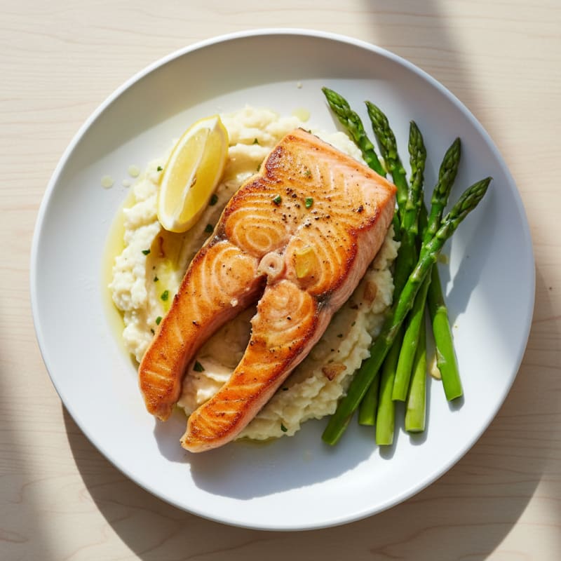 Seared Salmon Fillet with Steamed Asparagus and Garlic Cauliflower Mash
