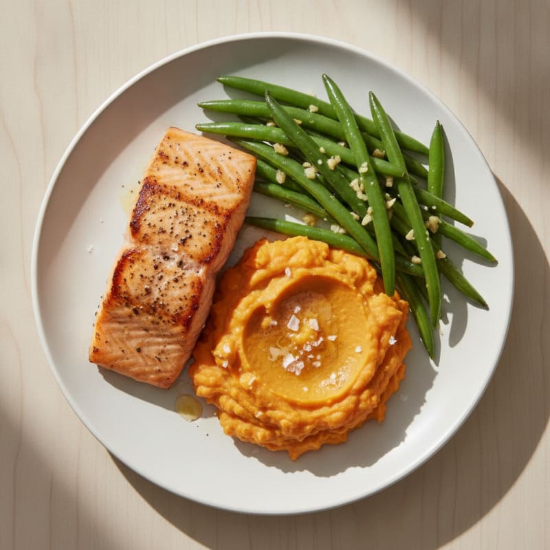 Seared Salmon with Garlic Green Beans and Mashed Sweet Potatoes