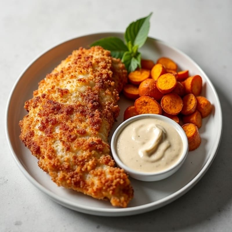 Crispy Chicken with Creamy Maple Tahini Sauce and Roasted Sweet Potatoes