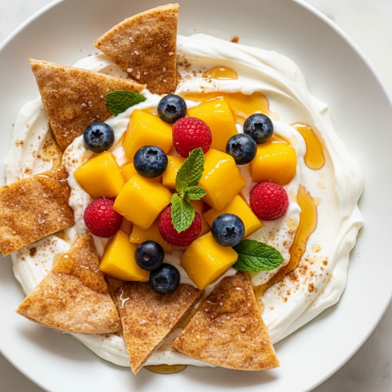Creamy Berry-Mango Yogurt Parfait with Cinnamon Crisps