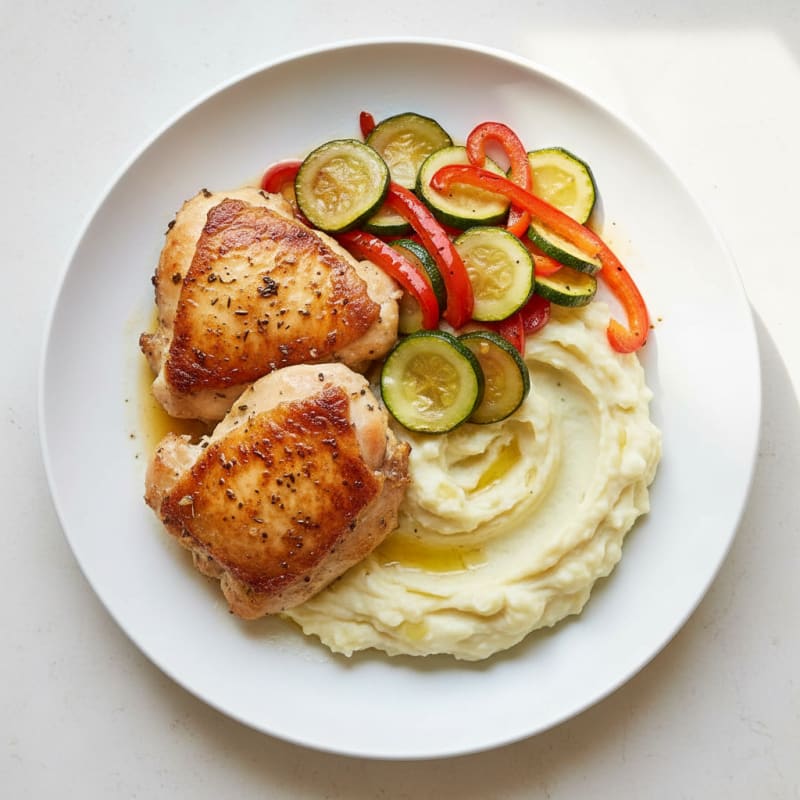 Herb-Seared Chicken Thighs with Sautéed Vegetables and Mashed Potatoes