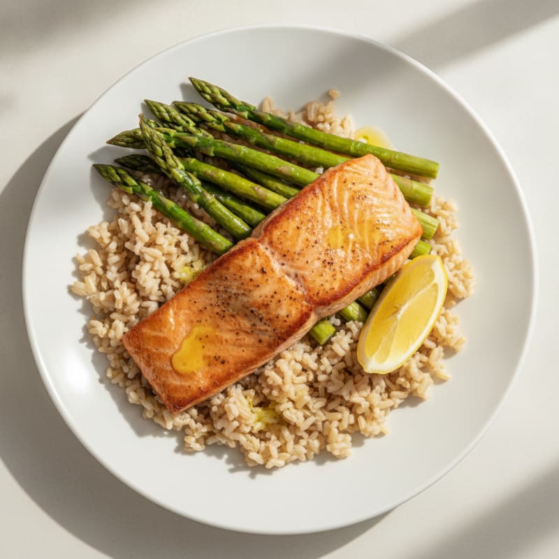 Seared Salmon Fillet with Steamed Asparagus and Brown Rice